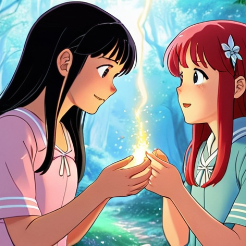 **

A young Sophie and Ruby, much younger than usually depicted, are in their respective worlds before they met. Show Sophie perhaps discovering her magic for the first time, with a sense of wonder. Ruby could be in a different magical scenario, but equally showing the spark of her abilities awakening. Soft, pastel colors, fairytale-like setting, Japanese anime style.

**