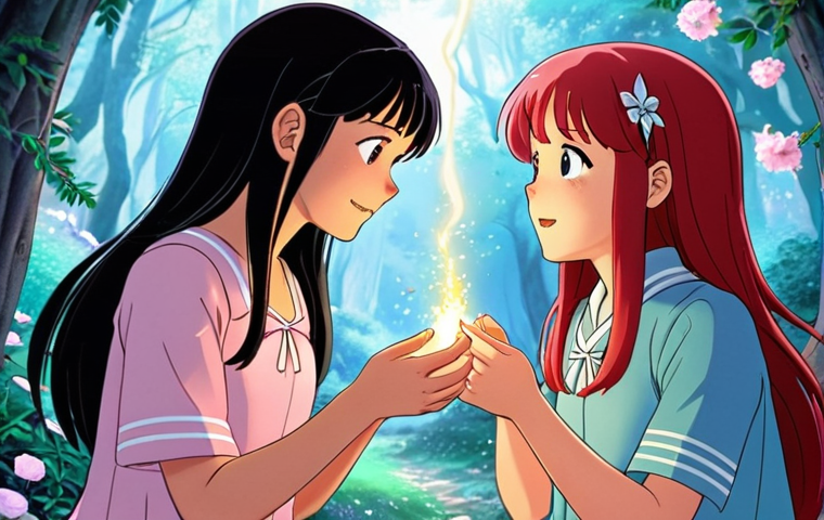 **

A young Sophie and Ruby, much younger than usually depicted, are in their respective worlds before they met. Show Sophie perhaps discovering her magic for the first time, with a sense of wonder. Ruby could be in a different magical scenario, but equally showing the spark of her abilities awakening. Soft, pastel colors, fairytale-like setting, Japanese anime style.

**