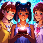 **Prompt:** A magical girl, Sophie Ruby, surrounded by her diverse group of friends, Lillian prominent, using a magical compact. Emphasize the themes of friendship, diversity, and self-belief. Bright, colorful anime style.