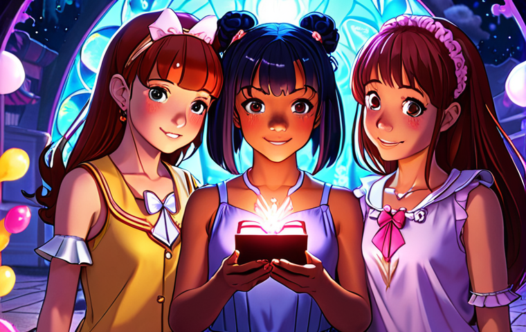 **Prompt:** A magical girl, Sophie Ruby, surrounded by her diverse group of friends, Lillian prominent, using a magical compact. Emphasize the themes of friendship, diversity, and self-belief. Bright, colorful anime style.