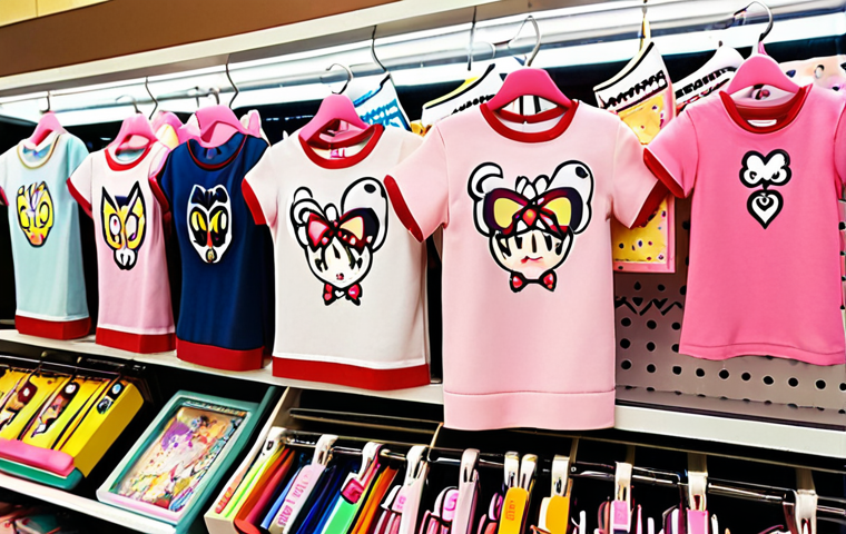**

A variety of "Sophil" merchandise displayed in a vibrant store setting. Include magical compacts, dolls, apparel (T-shirts, skirts), and stationery (pencil cases, notebooks). Focus on the "kawaii" (cute) character designs and the overall magical girl aesthetic. Capture the feeling of a popular anime/toy franchise.

**
