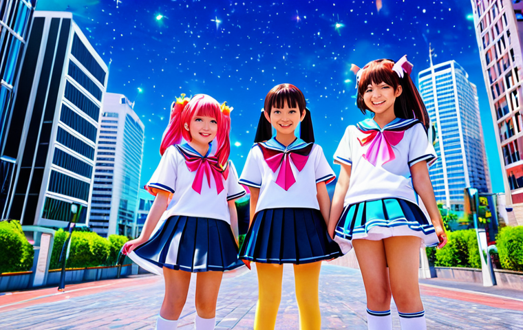 소피루비 어린이 심리와 연관 - **Prompt:** A group of kawaii schoolgirls in magical girl outfits, transforming with sparkling effec...