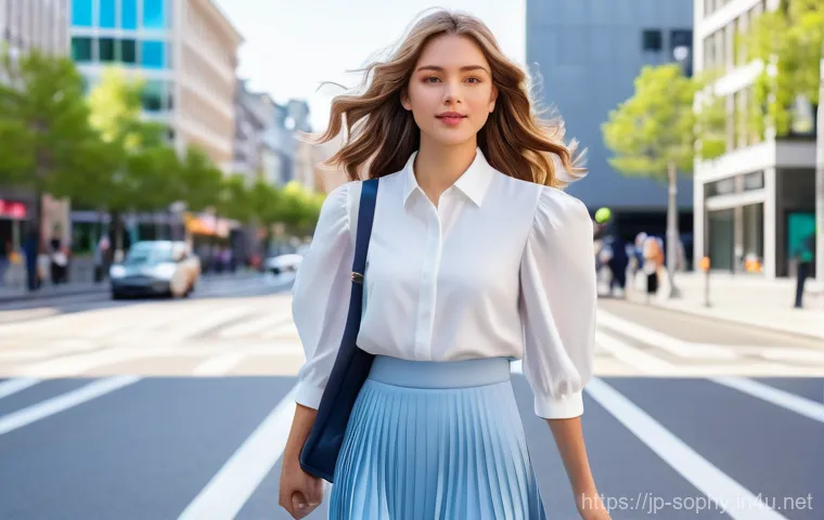 소피루비 등장인물의 패션 - **Prompt:** A young woman, approximately 20 years old, with flowing, slightly wavy light brown hair,...