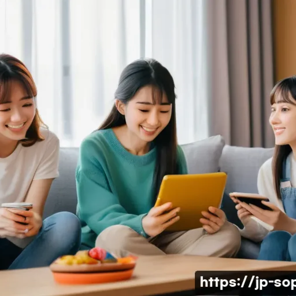 소피루비의 주 시청층 - A heartwarming scene of a group of diverse young women, teenagers to university age, enjoying watchi...
