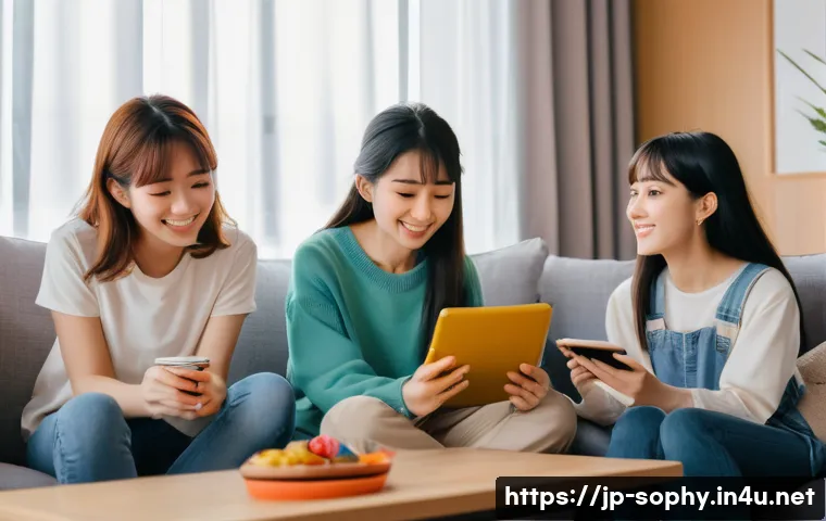소피루비의 주 시청층 - A heartwarming scene of a group of diverse young women, teenagers to university age, enjoying watchi...