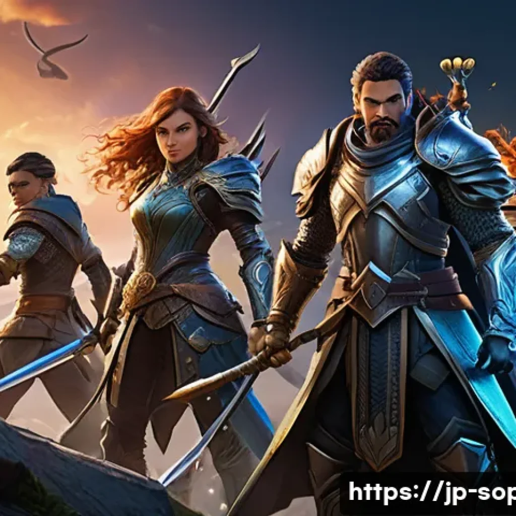 소피루비 관련 모바일 게임 - A dynamic scene featuring a diverse group of fantasy characters engaged in real-time battle on a bea...