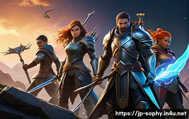 소피루비 관련 모바일 게임 - A dynamic scene featuring a diverse group of fantasy characters engaged in real-time battle on a bea...