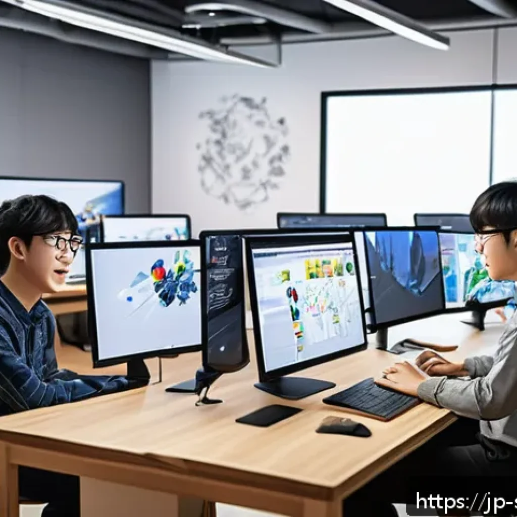 소피루비 한국 애니메이션 업계 - A vibrant Korean animation studio scene showcasing young animators collaborating using advanced digi...