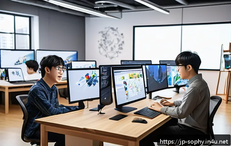 소피루비 한국 애니메이션 업계 - A vibrant Korean animation studio scene showcasing young animators collaborating using advanced digi...