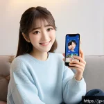 소피루비 팬클럽 인터뷰 - A cozy, modern Japanese living room setting where a young female idol dressed in stylish casual clot...