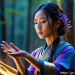 소피루비 마법 주문 종류 - A young female mage practicing the "Transform" spell, concentrating deeply with her palms glowing so...