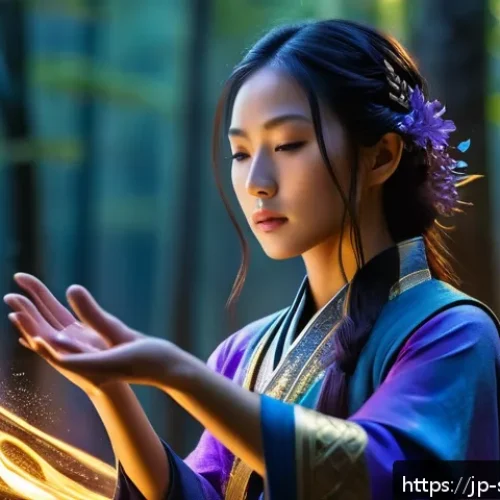 소피루비 마법 주문 종류 - A young female mage practicing the "Transform" spell, concentrating deeply with her palms glowing so...