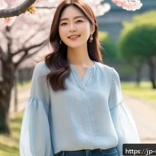 소피루비 해외 전시회 - A stylish young Japanese woman wearing a pastel-colored airy sleeve blouse made of linen blend fabri...