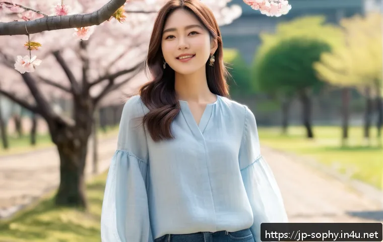 소피루비 해외 전시회 - A stylish young Japanese woman wearing a pastel-colored airy sleeve blouse made of linen blend fabri...