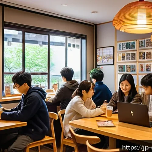 소피루비 팬픽션 커뮤니티 - A vibrant fanfiction community gathering in a cozy, modern Japanese caf&eacute; filled with diverse fans di...