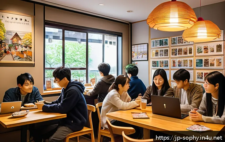 소피루비 팬픽션 커뮤니티 - A vibrant fanfiction community gathering in a cozy, modern Japanese caf&eacute; filled with diverse fans di...