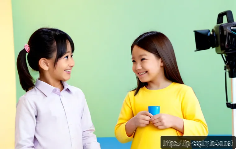 소피루비 어린이 방송 후원 - Photorealistic family-friendly children’s TV studio scene, cheerful young female host in modest colo...
