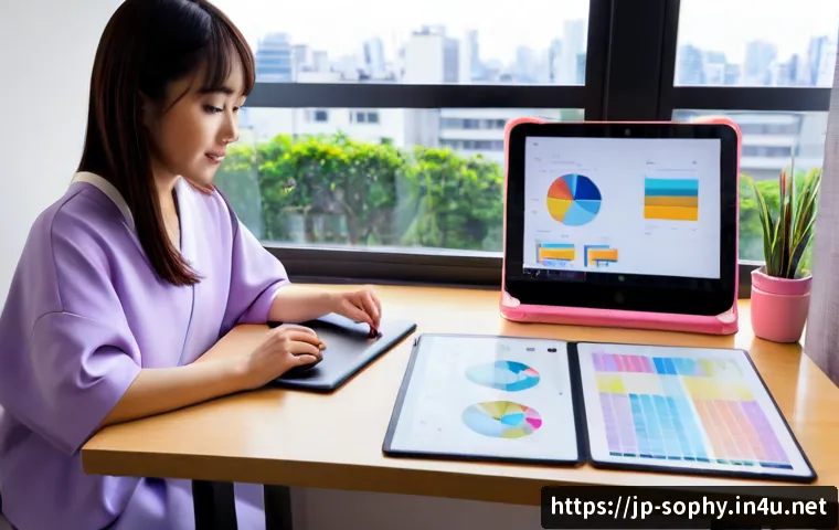 소피루비 트렌드 분석 - Photorealistic Japanese trend analyst at a clean modern desk, studying colorful pastel magical-girl ...