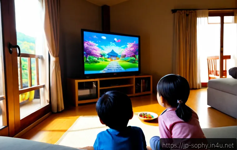 소피루비 애니메이션으로 배우는 가치 - Photorealistic Japanese family living room, a parent and two school-age children watching a colorful...